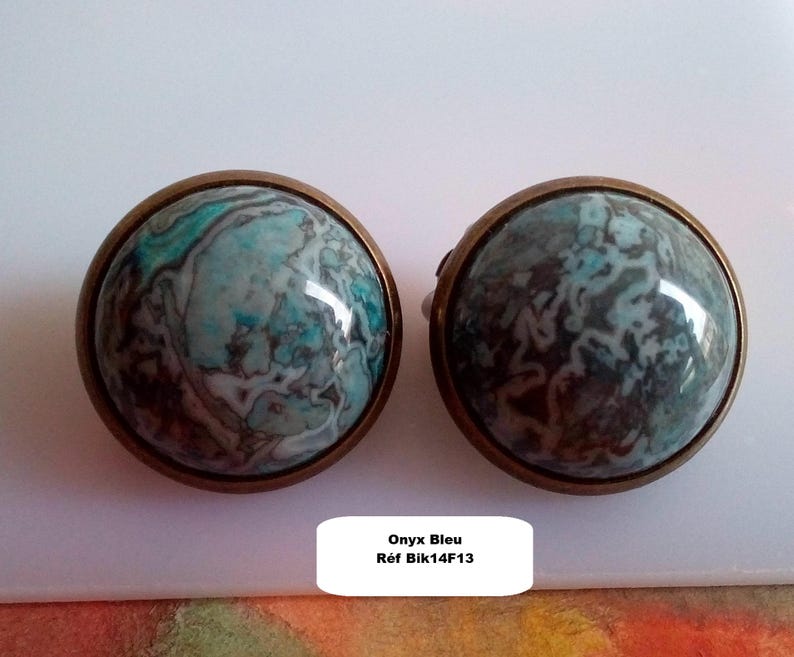 Orecchini a clip con pietre preziose, ametista, avventurina, quarzo rosa, occhio di tigre, onice, turchese, rubino, howlite, opale, cabochon rotondo, ottone onyx bleue