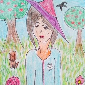 telechargement numerique pdf aquarelle une femme,la campagne,son chapeau de soleil,son chien,des fleurs,des arbres,des oiseaux,un ciel bleu