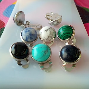 Clip-on earrings with precious stones, sodalite, onyx, malachite, turquoise, stainless steel with round cabochons, made in France, Christmas gift