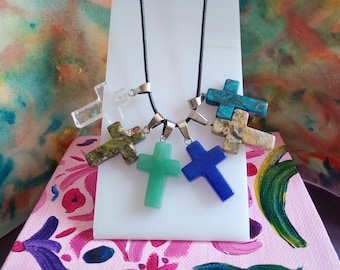 Natural stone cross pendant necklace, quartz with black cord, fairy-tale gift for birthdays, Christmas, mystical, religious, spiritual