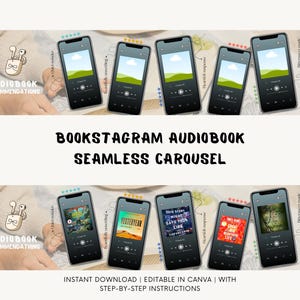 May include: A digital template for a Bookstagram audiobook seamless carousel featuring five smartphone screens displaying audio player interfaces with star ratings, text labels, and the title Audiobook Recommendations and Instant Download.