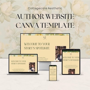 May include: A mockup of a website template for authors, featuring a cottagecore aesthetic. The template is shown on a desktop computer, a laptop, and a mobile phone. The text on the template reads "Welcome to your story's spotlight."