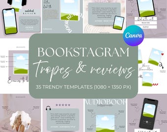 May include: A collection of 35 trendy Bookstagram templates in a soft color palette, featuring designs for book reviews, tropes, and audiobook promotions. Includes phone and tablet mockups, and the Canva logo.