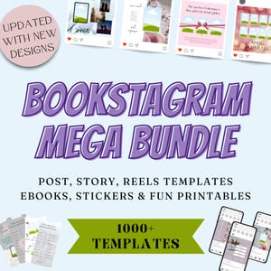 Peut inclure: Graphique bleu clair avec le texte "BOOKSTAGRAM MEGA BUNDLE" en violet. Le graphique comprend également le texte "POST, STORY, REELS TEMPLATES, EBOOKS, STICKERS & FUN PRINTABLES" et "1000+ TEMPLATES".