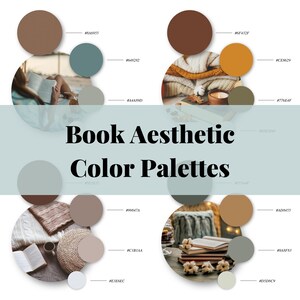 May include: Three different color palettes inspired by a book aesthetic. The first palette features brown, teal, and beige colors. The second palette features brown, orange, green, and beige colors. The third palette features brown, beige, gray, and green colors.