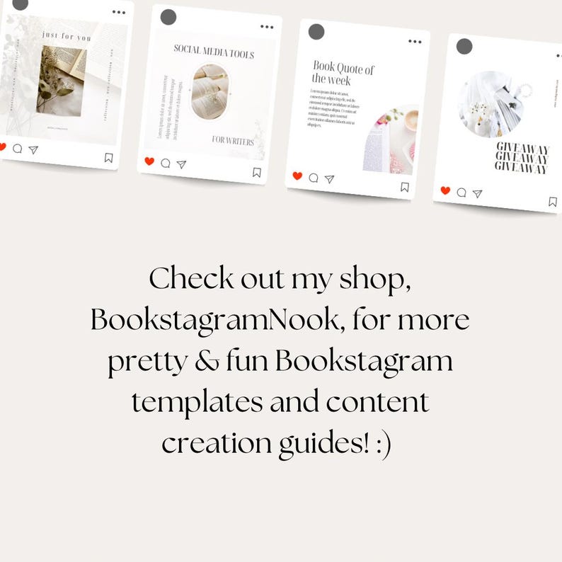 Może przedstawiać: Cztery szablony post&oacute;w na Instagramie dla bookstagramu z książką, kwiatami i tekstem. Tekst zawiera "Just for you", "Social Media Tools for Writers", "Book Quote of the Week" i "Giveaway Giveaway Giveaway".