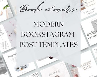 May include: A collection of modern bookstagram post templates with text that reads "Book Lovers", "Modern Bookstagram Post Templates", "Book Lover's Wishlist", "Reading Room Essentials", "Book or Movie?", "Book Giveaway", and "Bookish Selfie".