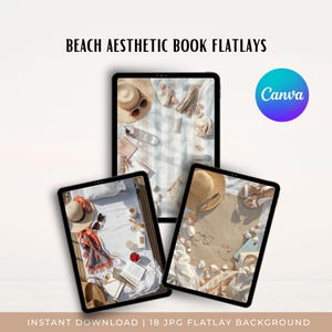 May include: Three digital tablets displaying beach-themed flatlay photography. The screens show arrangements of straw hats, sunglasses, seashells, books, and fabric on sandy or white surfaces. The text BEACH AESTHETIC BOOK FLATLAYS is at the top.