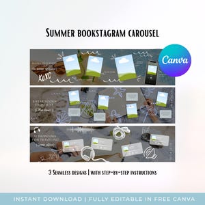 Op de afbeelding: Een digitale sjablonenset genaamd Summer Bookstagram Carousel met drie naadloze ontwerpen met bewerkbare lay-outs voor sociale media. De afbeeldingen bevatten witte lijntekeningen van strandartikelen en tijdelijke aanduidingen voor boeken.