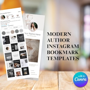 Op de afbeelding: Digitale mockup van Instagram-sjablonen voor auteurs. De sjablonen bevatten een bladwijzerontwerp en verschillende Instagram-postlayouts in zwart en wit. De tekst luidt "Moderne auteur Instagram bladwijzer sjablonen". Canva-logo.