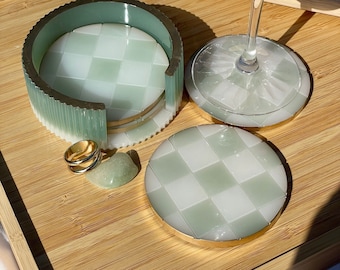 Sage Green Tile Coaster Set of 4 with Coaster Box Holder Epoxy Resin pastel light white gold details bar drinkware home decor home ware gift