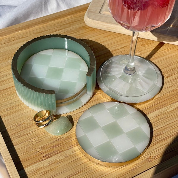 Sage Green Tile Coaster Set of 4 with Coaster Box Holder Epoxy Resin pastel light white gold details bar drinkware home decor home ware gift