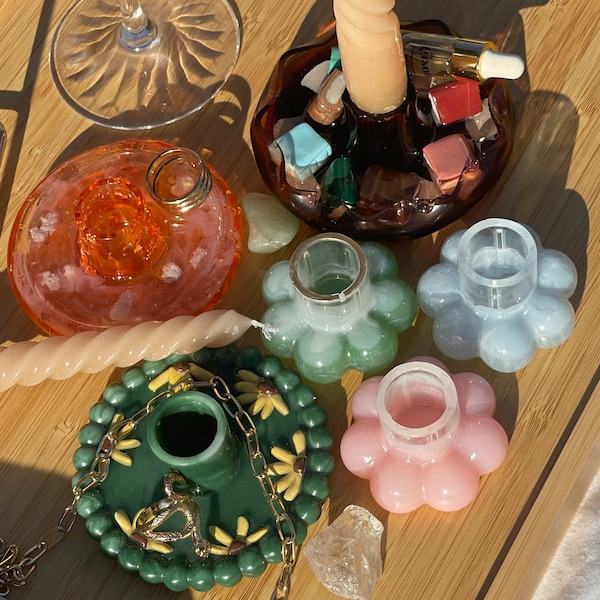 Aesthetic candlestick holders candle taper holder jewelry dish epoxy resin polymer Clay flowers books library bubble crystals rose quartz