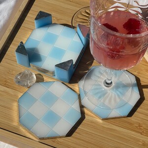 Light baby blue Tile Coaster Set of 4 with Coaster Box Holder Epoxy Resin pastel white gold details bar drinkware home decor home ware gift