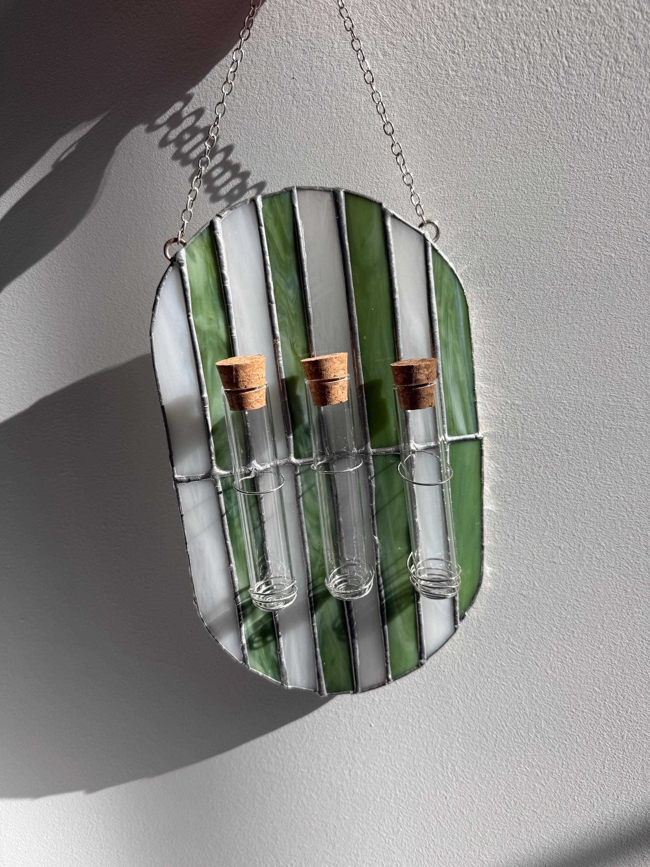 Olive Sage Green Stained Glass Plant Propagation Station Striped Checkered Suncatcher Decor Gift