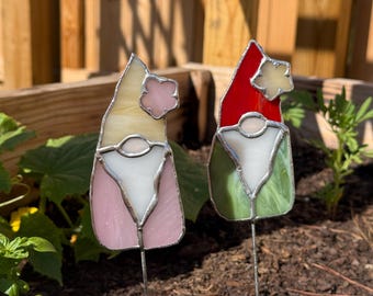 Stained Glass Gnome Plant Stake with Flower Detail – Handmade Garden Decor