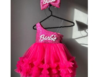 Fuchsia Pink Dress, Personalized Birthday Fuchsia Puffy Dress With Sequins, Birthday Tutu Outfit, Hot Pink Dress for Baby Girl,