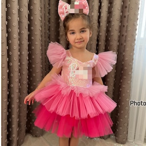 Pink tutu Dress, Personalized Birthday Pink Puffy Dress With Sequins, Birthday Tutu Outfit, Hot Pink Dress for Baby Girls,Pink dress