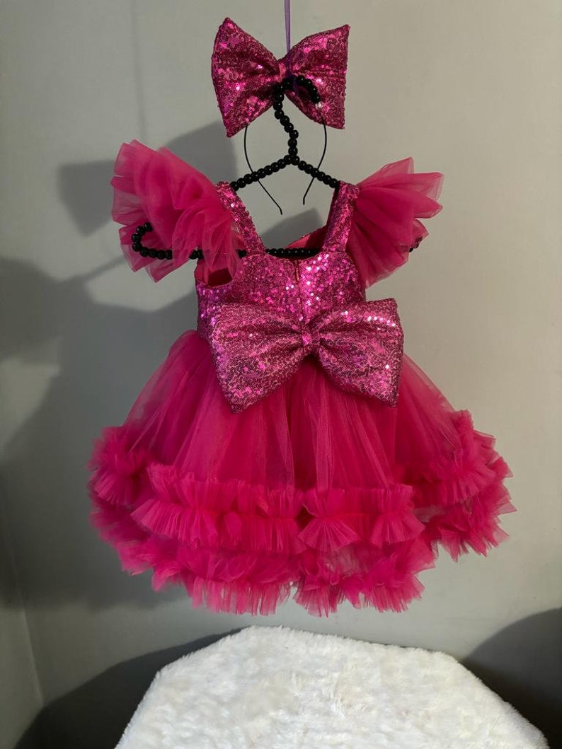 Fuchsia Pink Dress, Personalized Birthday Fuchsia Puffy Dress With Sequins, Birthday Tutu Outfit, Hot Pink Dress for Baby Girl, image 4