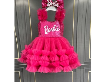 Fuchsia Pink   Dress, Personalized Birthday Fuchsia Puffy Dress With Sequins, Birthday Tutu Outfit, Hot Pink Dress for Baby Girl,