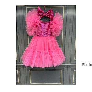 Pink tutu Dress, Personalized Birthday Pink Puffy Dress With Sequins, Birthday Tutu Outfit, Hot Pink Dress for Baby Girls,Pink dress