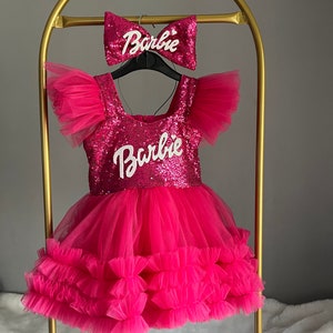 Fuchsia Pink Dress, Personalized Birthday Fuchsia Puffy Dress With Sequins, Birthday Tutu Outfit, Hot Pink Dress for Baby Girl, image 2