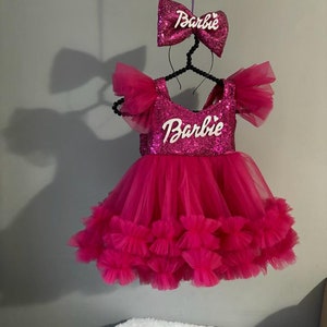 Fuchsia Pink Dress, Personalized Birthday Fuchsia Puffy Dress With Sequins, Birthday Tutu Outfit, Hot Pink Dress for Baby Girl, image 5