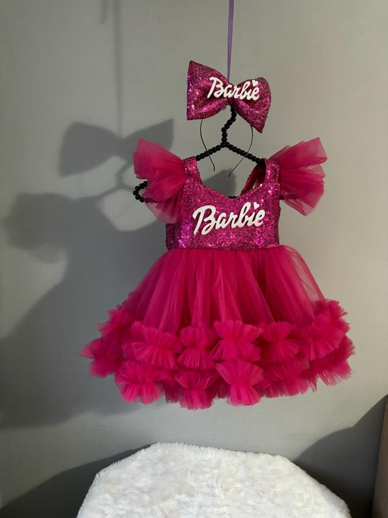 Fuchsia Pink Dress, Personalized Birthday Fuchsia Puffy Dress With Sequins, Birthday Tutu Outfit, Hot Pink Dress for Baby Girl, image 5