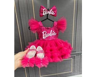 Vestido rosa fucsia, vestido hinchado fucsia de cumpleaños personalizado con lentejuelas, traje de tutú de cumpleaños, vestido rosa fuerte para niña,