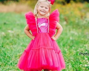 Fuchsia Pink   Dress, Personalized Birthday Fuchsia Puffy Dress With Sequins, Birthday Tutu Outfit, Hot Pink Dress for Baby Girl,