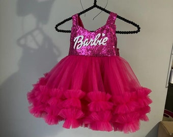 Fuchsia Pink  Dress, Personalized Birthday Fuchsia Puffy Dress With Sequins, Birthday Tutu Outfit, Hot Pink Dress for Baby Girl,