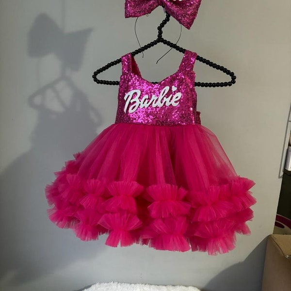 Fuchsia Pink  Dress, Personalized Birthday Fuchsia Puffy Dress With Sequins, Birthday Tutu Outfit, Hot Pink Dress for Baby Girl,