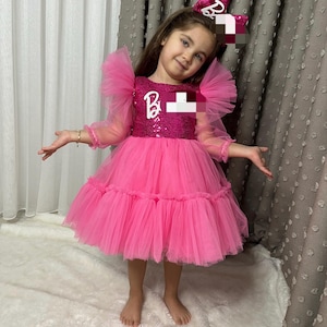 Pink tutu Dress, Personalized Birthday Pink Puffy Dress With Sequins, Birthday Tutu Outfit, Hot Pink Dress for Baby Girls,Pink dress