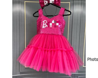 Fuchsia Pink   Dress, Personalized Birthday Fuchsia Puffy Dress With Sequins, Birthday Tutu Outfit, Hot Pink Dress for Baby Girl,