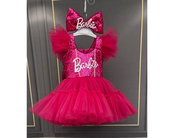 Fuchsia Pink   Dress, Personalized Birthday Fuchsia Puffy Dress With Sequins, Birthday Tutu Outfit, Hot Pink Dress for Baby Girl,