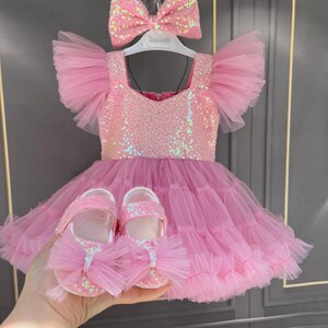 Pink tutu Dress, Personalized Birthday Pink Puffy Dress With Sequins, Birthday Tutu Outfit, Hot Pink Dress for Baby Girls,Pink dress
