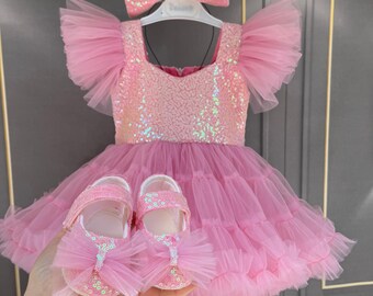 Pink tutu Dress, Personalized Birthday Pink Puffy Dress With Sequins, Birthday Tutu Outfit, Hot Pink Dress for Baby Girls,Pink dress