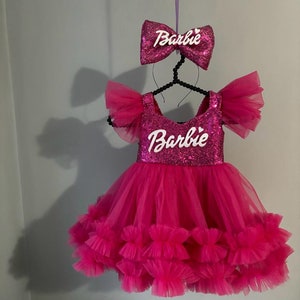 Fuchsia Pink Dress, Personalized Birthday Fuchsia Puffy Dress With Sequins, Birthday Tutu Outfit, Hot Pink Dress for Baby Girl, image 6