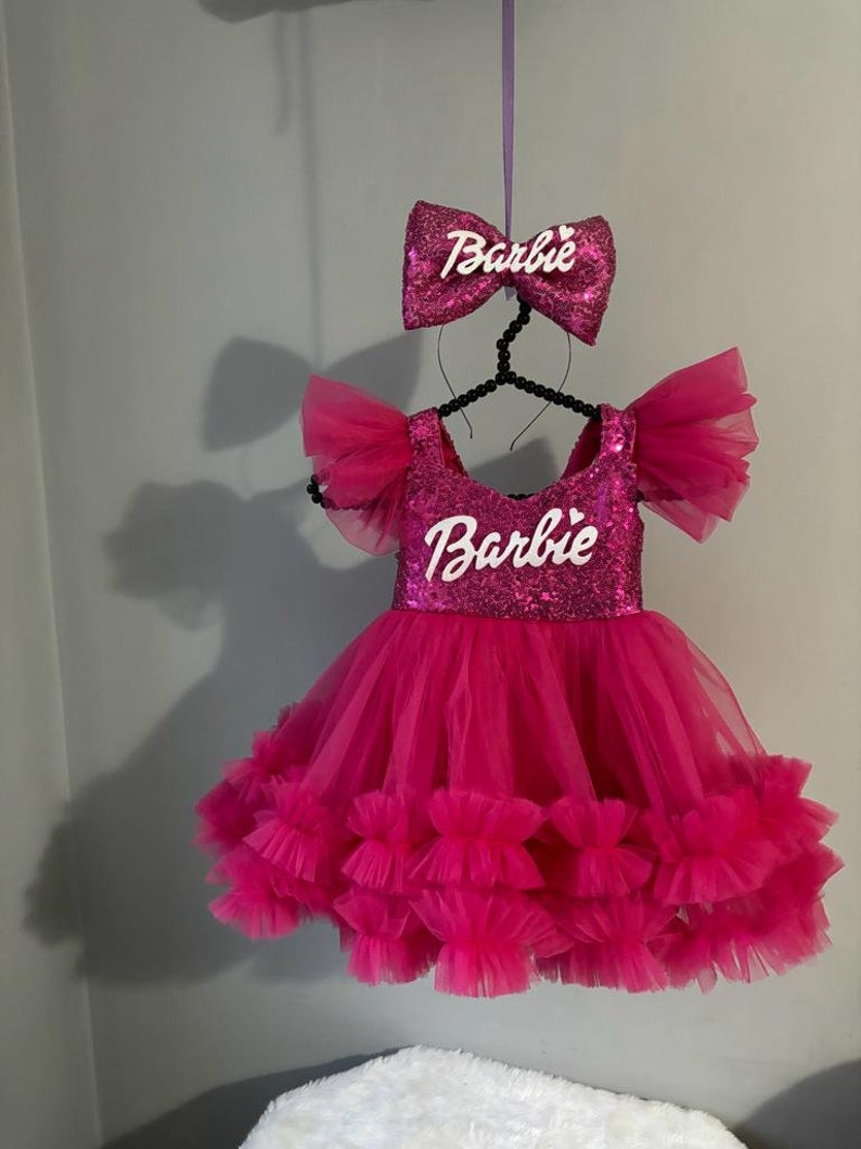 Fuchsia Pink Dress, Personalized Birthday Fuchsia Puffy Dress With Sequins, Birthday Tutu Outfit, Hot Pink Dress for Baby Girl, image 6