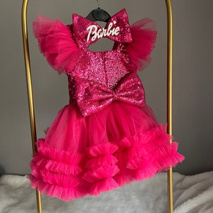 Fuchsia Pink Dress, Personalized Birthday Fuchsia Puffy Dress With Sequins, Birthday Tutu Outfit, Hot Pink Dress for Baby Girl, image 3