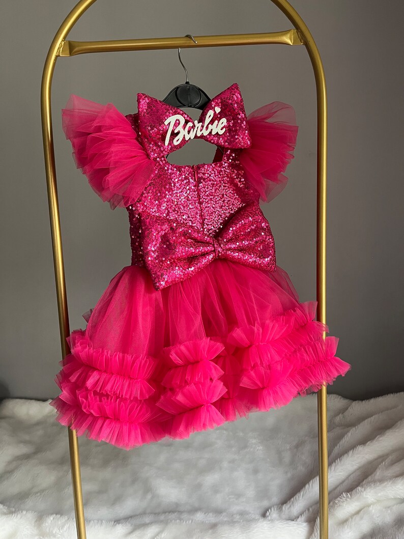 Fuchsia Pink Dress, Personalized Birthday Fuchsia Puffy Dress With Sequins, Birthday Tutu Outfit, Hot Pink Dress for Baby Girl, image 3