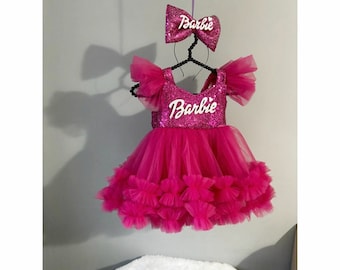 Fuchsia Pink   Dress, Personalized Birthday Fuchsia Puffy Dress With Sequins, Birthday Tutu Outfit, Hot Pink Dress for Baby Girl,