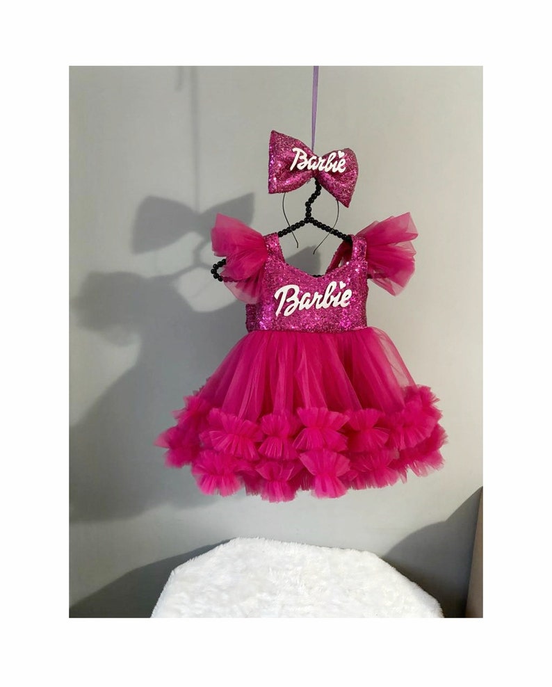 Fuchsia Pink Dress, Personalized Birthday Fuchsia Puffy Dress With Sequins, Birthday Tutu Outfit, Hot Pink Dress for Baby Girl, image 1