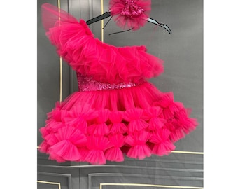 Fuchsia Pink   Dress, Personalized Birthday Fuchsia Puffy Dress With Sequins, Birthday Tutu Outfit, Hot Pink Dress for Baby Girl,