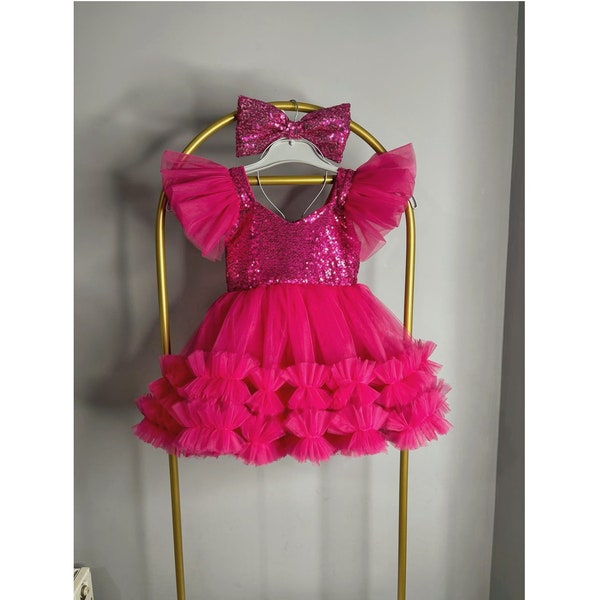 Fuchsia Pink Dress, Personalized Birthday Fuchsia Puffy Dress With Sequins, Birthday Tutu Outfit, Hot Pink Dress for Baby Girl,