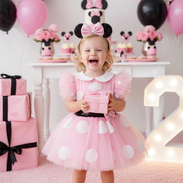 Pink  Minnie Mouse Costume Sequin Dress & Crown