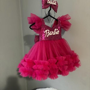 Fuchsia Pink Dress, Personalized Birthday Fuchsia Puffy Dress With Sequins, Birthday Tutu Outfit, Hot Pink Dress for Baby Girl, image 7