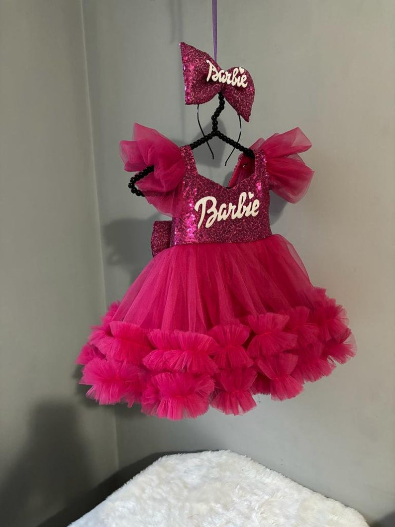 Fuchsia Pink Dress, Personalized Birthday Fuchsia Puffy Dress With Sequins, Birthday Tutu Outfit, Hot Pink Dress for Baby Girl, image 7