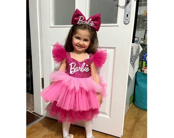 Fuchsia Pink   Dress, Personalized Birthday Fuchsia Puffy Dress With Sequins, Birthday Tutu Outfit, Hot Pink Dress for Baby Girl,