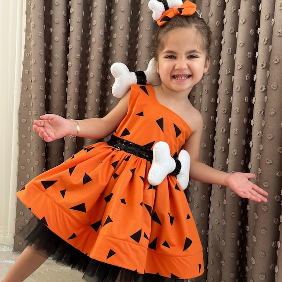 pebbles flintstone orange dress Girls 4 Piece PEBBLES Halloween Dress Costume
